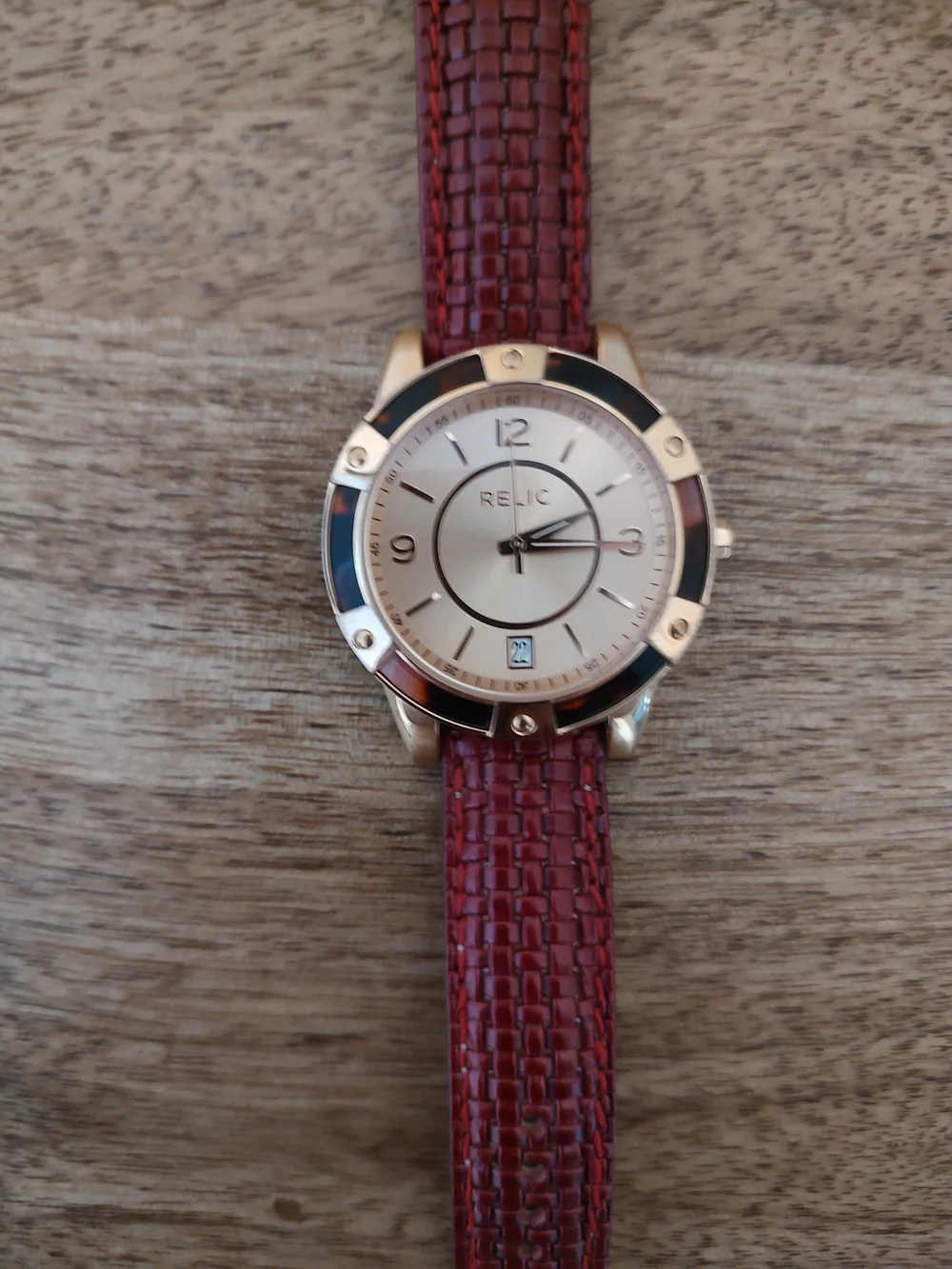 Relic Gold-Tone Watch with Burgundy Strap